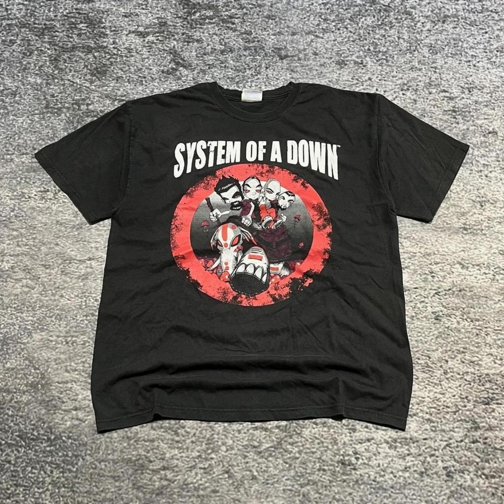 VTG System Of A Down T Shirt Mushroom Cult Large Black Hanes Heavyweight Y2K